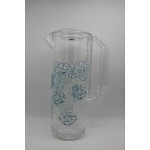 Vtg Culver Lucite‎ MCM Clear With Blue Flowers Drink Pitcher w/ Lid